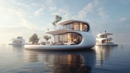 Modern Futuristic Floating House Designs Surrounded by Water in a Serene and Peaceful Environment