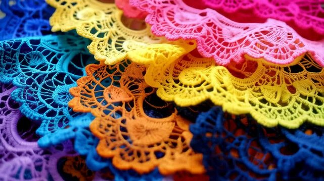 Vibrant assortment of intricately patterned, colorful crocheted doilies stacked in a textured display of handmade circular lace motifs.