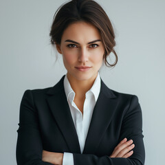 Confident businesswoman in professional attire posing with arms crossed
