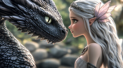 Enchanting Bond Between Dragon and Elf Princess in Magical Forest
