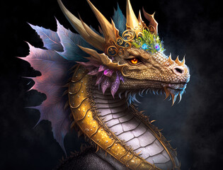 Vintage Dragon with Ornate Crown and Gilded Scales in Fantasy Style
