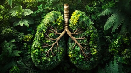 A creative representation of human lungs made from green foliage and branches, symbolizing the connection between nature and respiratory health.