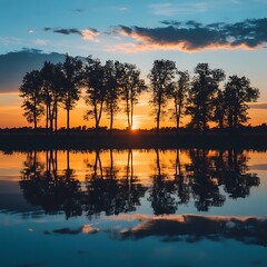 Fototapeta premium Reflective Sunset Landscape with Silhouetted Trees .