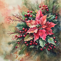 Hand-Painted Holiday Floral Arrangement with Berries and Evergreen Leaves