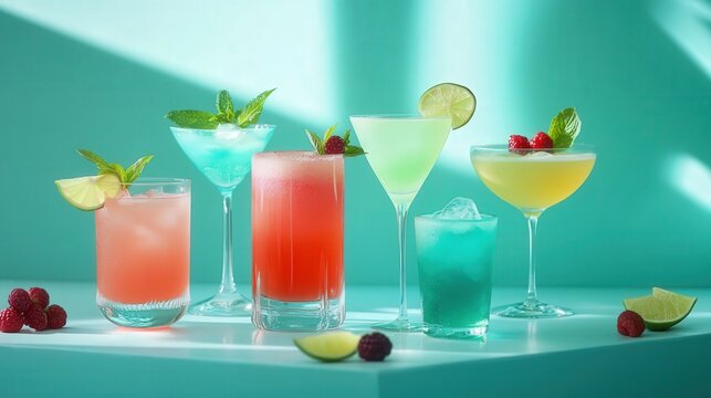 Summer cocktails in shades of coral and turquoise, served with colorful garnishes like lime wedges, berries, and mint leaves.