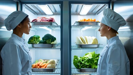 Culinary Professionals Inspecting Refrigerated Food Storage Stocked with Fresh Vegetables and Meats in a Commercial Kitchen