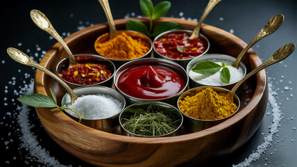 A high-quality food photography shot of an Indian spice and condiment display arranged in a circular pattern within a large wooden bowl.