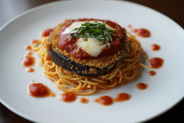 A Towering Triumph Eggplant Parmesan Atop a Bed of Delicious Spaghetti Noodles with Tangy Red Sauce and Basil
