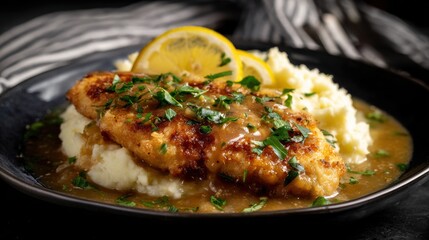 Crispy fried chicken on creamy mashed potatoes with lemon slices and gravy, served on a black plate