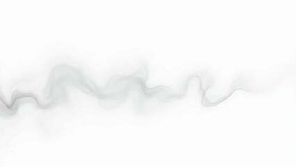Create a minimalist abstract composition featuring a horizontal trail of soft, wispy black smoke on a clean white background. The smoke should have gentle curves and varying opacity,