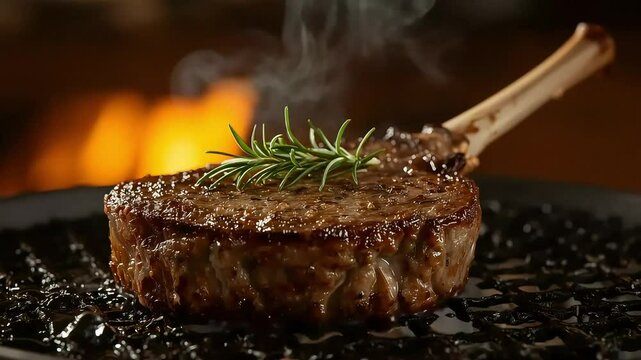 Macro 4K shot of grilled tomahawk steak topped with fresh rosemary. Juicy, tender meat and grill marks captured in delicious HD detail.