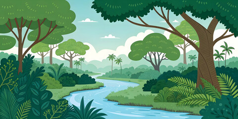 Obraz premium “Landscape Nature Forest Illustration | Scenic Mountain View, Green Trees, Outdoor Wilderness Vector Design”