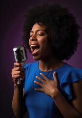 Female singer in blue dress performing with retro microphone against purple background. International blues music day
