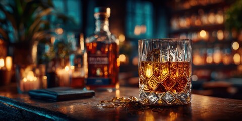 Rich amber whiskey poured in a crystal glass at an elegant bar during evening hours