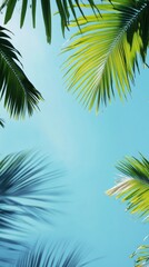 Vibrant Green Palm Leaves Framing a Bright Blue Sky in a Tropical Paradise Scene