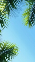 Lush Green Palm Leaves Framing a Clear Blue Sky; A Perfect Tropical Scene Evoking Relaxation and Nature's Beauty in Full Bloom
