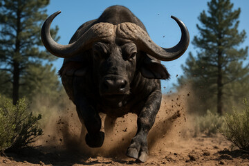Buffalo charging through dusty forest trail under clear blue sky
