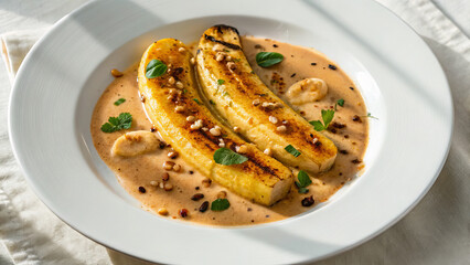 M'tsolola - Braised bananas with peanut sauce and spices. Warm palette of the dish: golden yellow bananas, rich creamy sauce, decoration with fresh herbs.