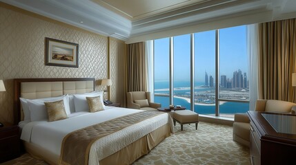 Modern luxury seaside hotel rooms offer an unparalleled blend of tranquility and elegance, with floor-to-ceiling windows framing breathtaking sea views.
