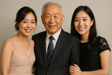 Smiling multi-generational Asian family portrait in formal attire against neutral background