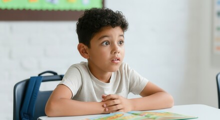 Fototapeta premium Curious young boy with dark curly hair listening intently in classroom with book