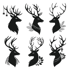 Elegant vector illustrations of reindeer silhouettes with decorative floral and festive elements