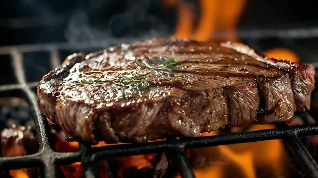 Sizzling ribeye steak on grill with open flames, macro 4K HD. Juicy, perfectly charred, and topped with fresh herbs for robust flavor.