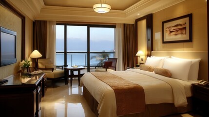 Modern seaside hotel rooms offer a seamless blend of luxury and serenity, with large balconies providing mesmerizing sea views.