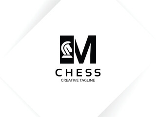 Letter M chess logo design template. Monogram knight logo