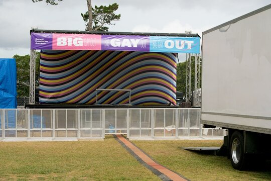 Big Gay Out 2025 Main Stage Setup in Auckland Before Event