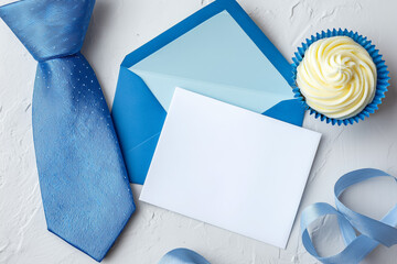 blue open envelope with white blank card, tie, cupcake on white surface