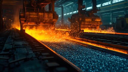 Molten aluminum flows intensely along industrial tracks within a massive smelting plant showcasing the raw power and precision of modern aluminum production.