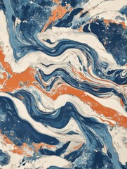 Naklejka premium A Dynamic Abstract Composition Featuring Fluid Patterns in Deep Blue, Bright Orange, and Soft White Tones Evoking Movement and Emotion