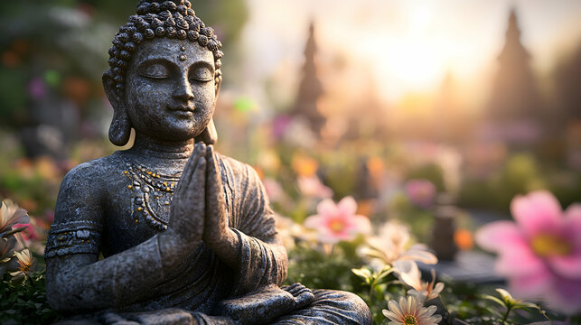 Serene Buddha statue meditating amidst a vibrant garden bathed in golden sunset light.  Peaceful and spiritual image.