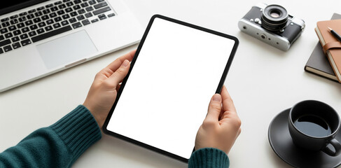 Hands holding tablet with blank screen, laptop, camera, and notebook nearby on white table, showcasing digital device mockup, ideal for app presentation or website design