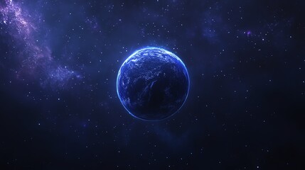 Obraz premium A glowing blue planet floats in a star-filled cosmic space, surrounded by nebulae and distant celestial bodies.
