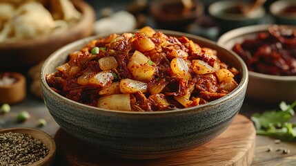 A bowl of spicy kimchi featuring fermented cabbage and chili flakes, served in a rustic setting with ingredients blurred in the background.