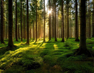 Fototapeta premium Serene forest scene with tall evergreen trees bathed soft sunlight, creating tranquil atmosphere filled with vibrant greenery and natural beauty