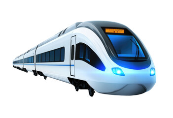 Modern high-speed train with sleek design traveling on tracks cutout isolated on transparent background, cutout PNG