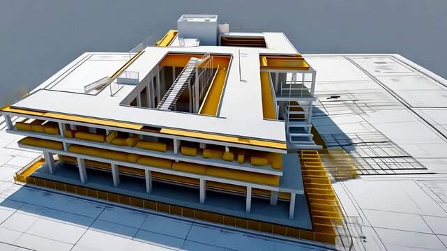Detailed architectural model of modern building on top of technical blueprint with 3D layout and floor plans