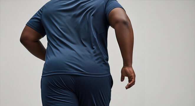 Back view of a confident plus-size African American man in blue sportswear walking - Powered by Adobe
