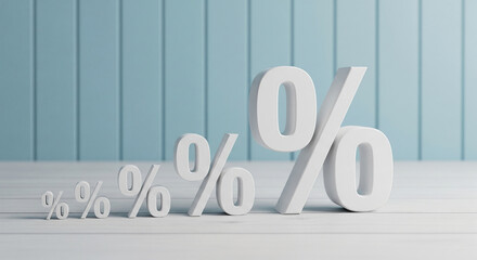 White percentage symbols of varying sizes on a light wood surface against a pale blue background Showcase for discount offers, sale, or financial concepts