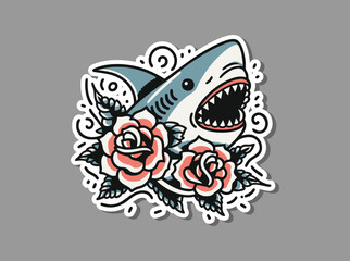 Retro Shark Tattoo with Vibrant Flowers