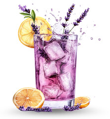 Refreshing lavender lemonade with ice cubes, lemon slices, and lavender flowers isolated on transparent background, cutout PNG