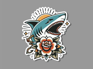 Old School Shark and Floral Tattoo Art