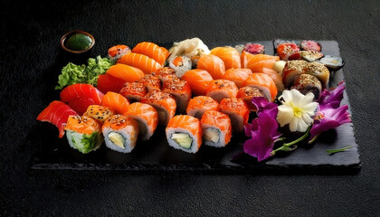 Gourmet sushi platter arranged on black slate with vibrant colors and edible flowers, showcasing variety of Japanese cuisine