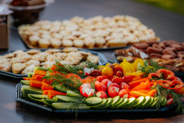 A vibrant vegetable platter featuring sliced cucumbers, bell peppers, cherry tomatoes, radishes, and fresh dill, arranged neatly on a tray.