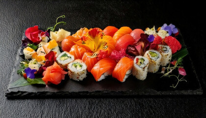 Gourmet sushi platter beautifully arranged on black slate, featuring vibrant colors and edible flowers, showcasing minimalist Japanese cuisine