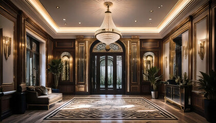 Luxurious foyer with elegant chandelier, designer art pieces, and rich wood accents creates warm and inviting atmosphere