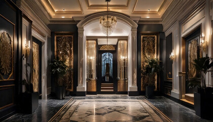 Luxurious home entryway featuring dramatic lighting, elegant decor, and designer art pieces, creating inviting atmosphere